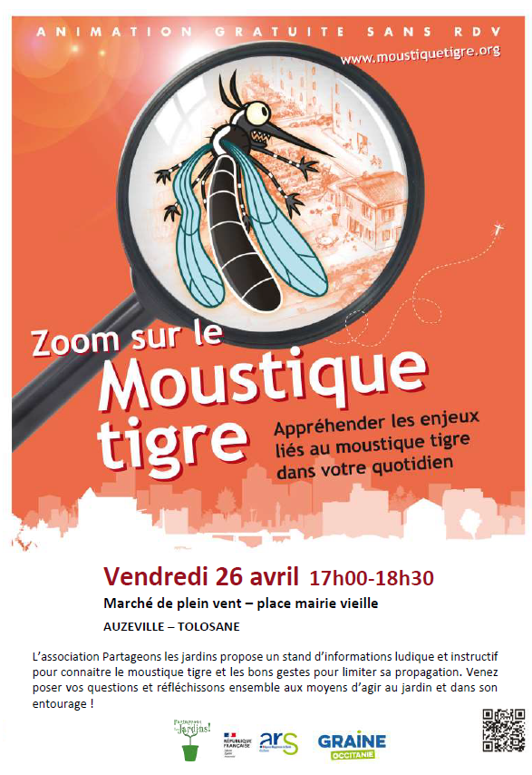 Grâce à l’association partageons les Jardins, de bénéficier d'une animation gratuite sur la lutte anti-moustiques Elle se tiendra le vendredi 26 avril de 17h à 18h30 au niveau du marché avec le support de deux animateurs de l’association.