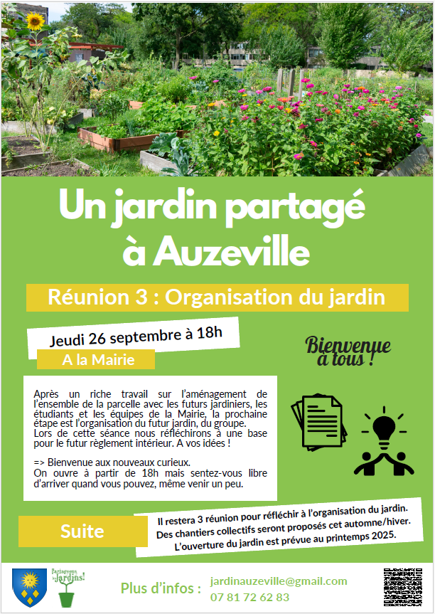 Affiche Jardin partagé à Auzeville : Rendez-vous Jeudi 26 septembre à 18h à la Mairie