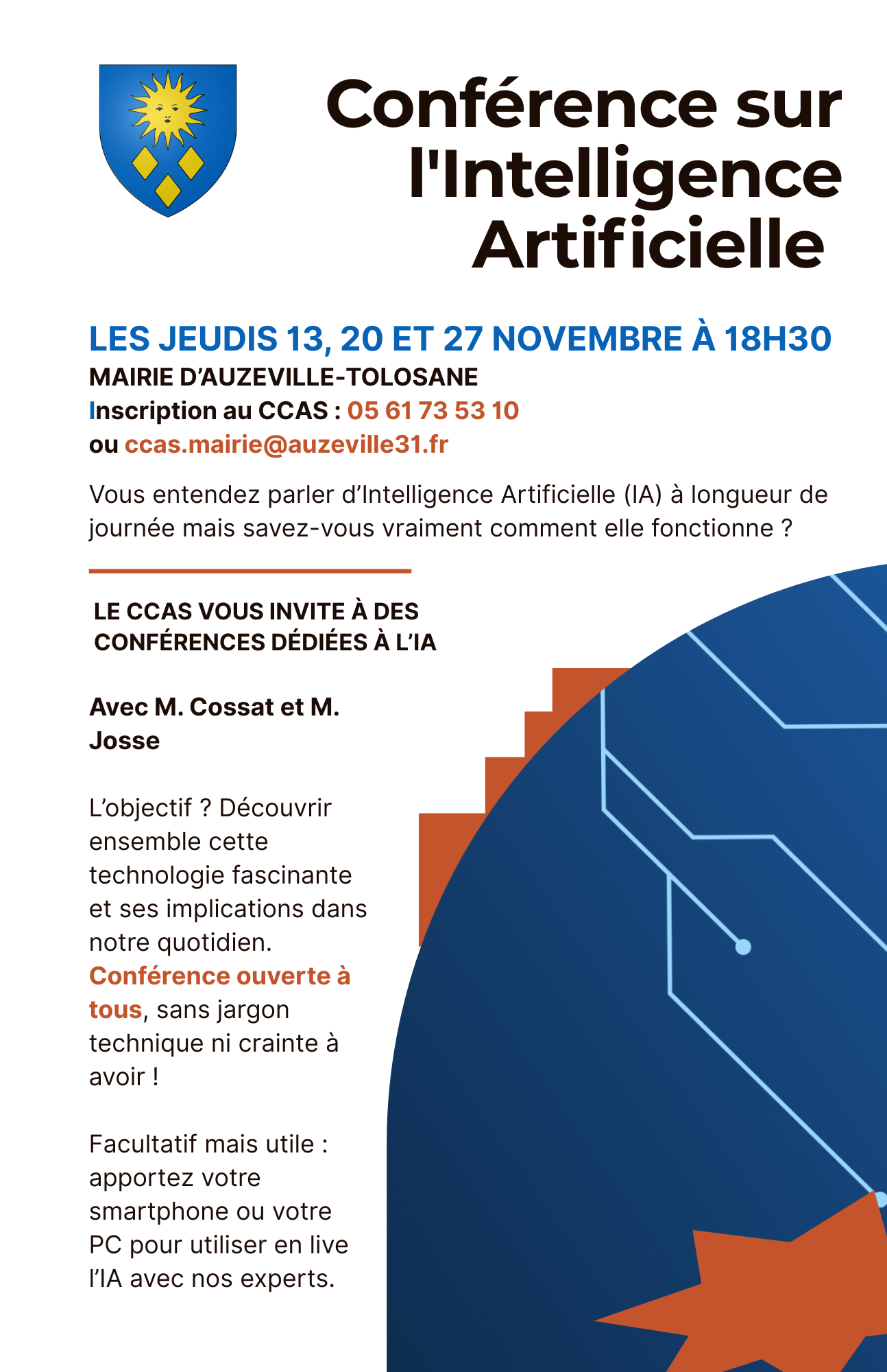 Conférence sur l'IA à la mairie d'Auzeville les 13, 20 et 27 novembre. Inscription au CCAS - 05 61 73 53 10